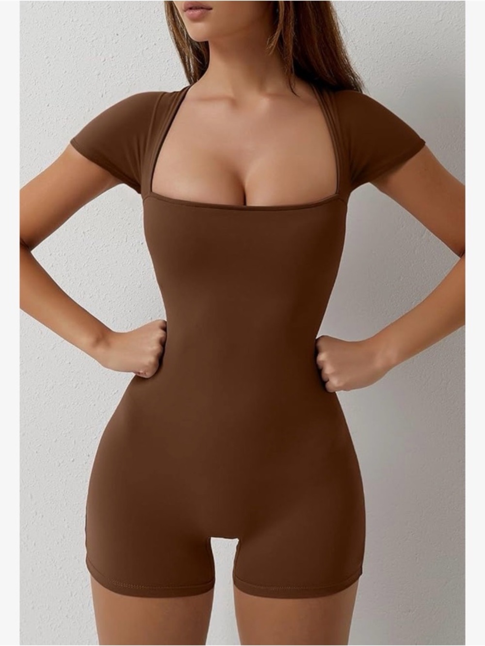 Brown Square-Neck Short Sleeve Romper Jumpsuit - Picture 2 of 8